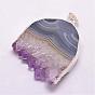 Natural Amethyst Pendants, Nuggets, with Silver Color Plated Plated Brass Finding, 35~50x25~40x7~9mm, Hole: 7x5mm
