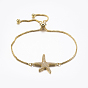 Adjustable Brass Micro Pave Cubic Zirconia Bolo Bracelets, Slider Bracelets, with Brass Box Chains, Starfish/Sea Stars