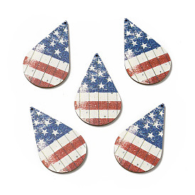 American Flag Theme Single Face Printed Aspen Wood Big Pendants, Teardrop Charm