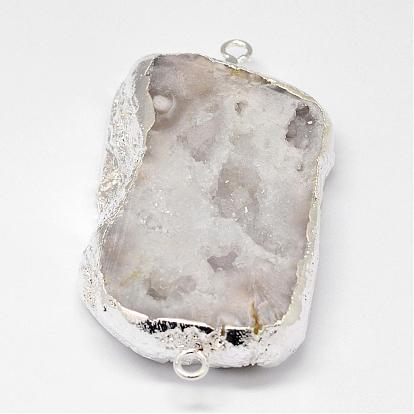 Electroplated Natural & Dyed Druzy Agate Links Connectors, with Silver Color Plated Brass Findings, Rectangle