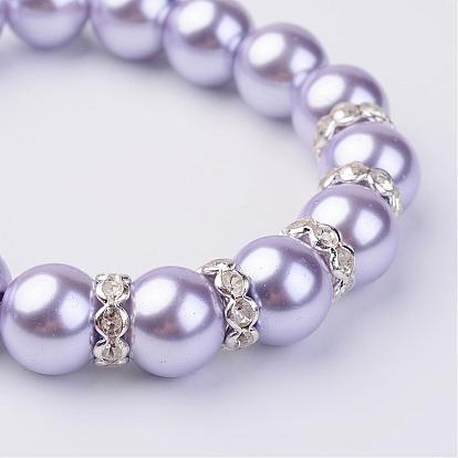 Bracelets élastiques en perles de verre, avec des perles d'entretoise en laiton strass, couleur argent plaqué
