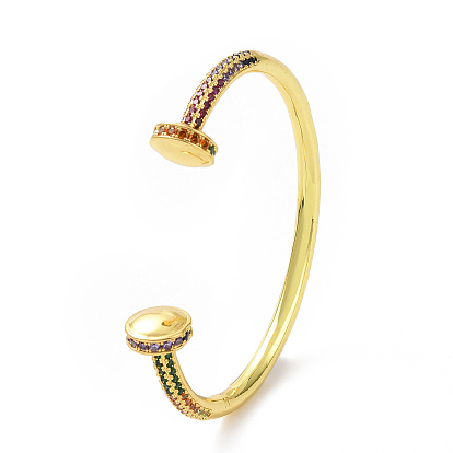Bracelet de manchette ouvert rond plat en zircone cubique colorée, bijoux en laiton pour femmes