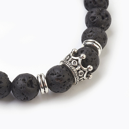 Ensembles de bracelets, bracelets extensibles en perles de lave naturelle, avec les accessoires en alliage, forme ronde et mixte, Emballage en toile de jute, argent antique