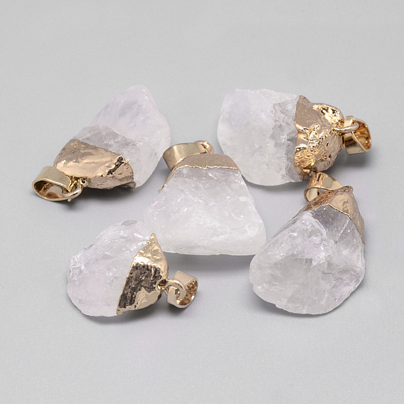 Rough Raw Natural Quartz Crystal Pendants, Rock Crystal Pendants, with Iron Findings, Nuggets, Golden