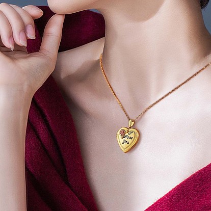 Heart with Rose Flower Picture Locket Pendant Necklace, Word I Love You Brass Memorial Jewelry for Women