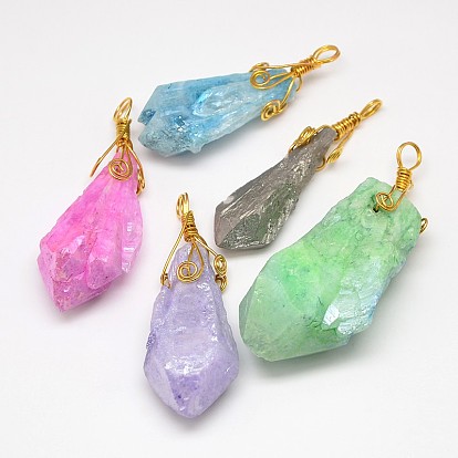Electroplate Golden Wire Wrapped Gemstone Natural Rough Raw Crystal Pendants, Nuggets, 40~80x14~30mm, Hole: 3~4mm