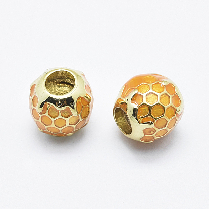 Brass Enamel European Beads, Cadmium Free & Nickel Free & Lead Free, Round with Honeycomb