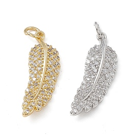 Brass Micro Pave Clear Cubic Zirconia Pendants, with Jump Ring, Feather Charm