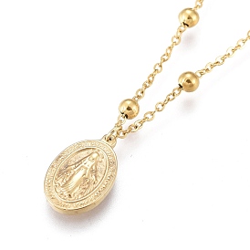 304 pendentifs en acier inoxydable, colliers virgencita, avec des chaînes de câbles et des perles rondes, ovale avec la Vierge Marie