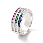 Colorful Cubic Zirconia Triple Line Open Cuff Ring, Brass Jewelry for Women