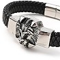 304 Stainless Steel Lion Beaded Bracelet, PU Imitation Leather Braided Gothic Bracelet for Men Women