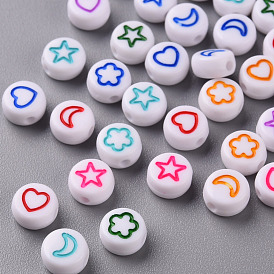 White Opaque Acrylic Beads, Flat Round with Heart & Flower & Moon & Star