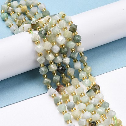 Brins de perles de jade myanmar naturel, avec des perles de rocaille, facette, perles de cube en diagonale
