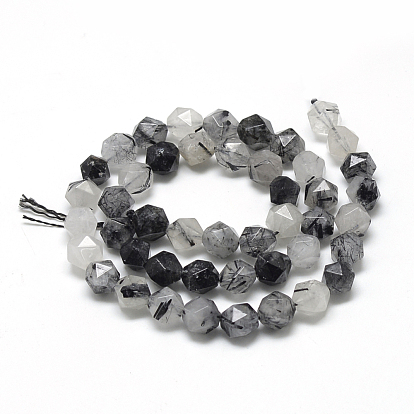 Naturales negras perlas de cuarzo rutilado hebras, cuentas redondas con corte de estrella, facetados