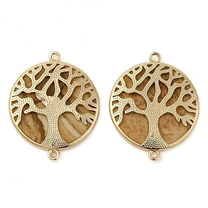 Charms de conector redondo plano de piedras preciosas naturales, Enlaces del árbol de la vida con accesorios de latón chapado en oro.
