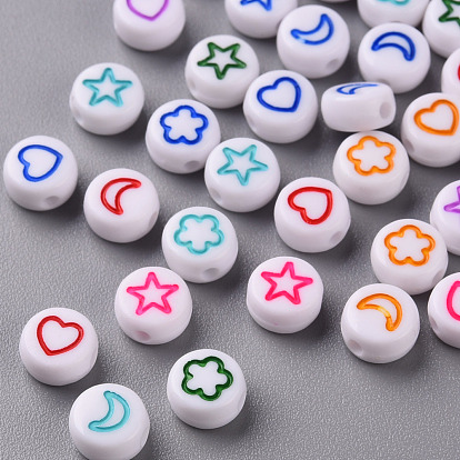 Perles acryliques opaques blanches, plat rond avec coeur & fleur & lune & étoile