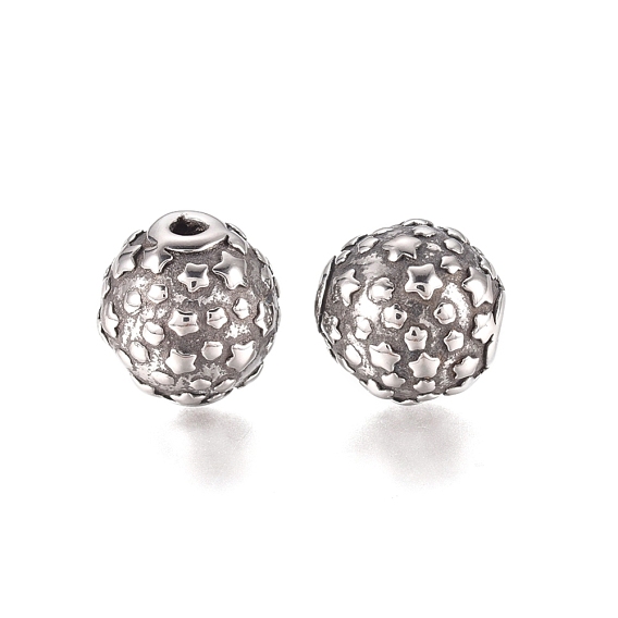 304 Stainless Steel Beads, Round with Star Pattern