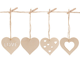 Coeur ornements en bois inachevés, avec corde de chanvre, décorations à suspendre pour la saint valentin, pour la décoration de la maison de cadeau de fête