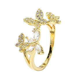 Rack Plating Real 18K Gold Plated Brass Rings, with Cubic Zirconia, Long-Lasting Plated, Lead Free & Cadmium Free, Butterfly
