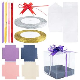 Fabrication de coffrets cadeaux, avec emballage cadeau en plastique pvc box, support inférieur en papier, ruban métallique pailleté, noeuds de ruban d'emballage élastique