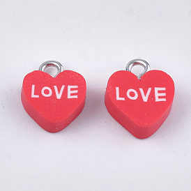 Handmade Polymer Clay Charms, with Iron Findings, Heart with Love, Platinum, For Valentine's Day