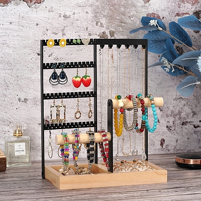 Multi Levels Rectangle Iron Earring Display Stands, Jewelry Display Rack, with Wood Basements Foundation