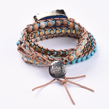 Five Loops Leather Warp Bracelets, with Gemstone, Glass Beads and Alloy Findings