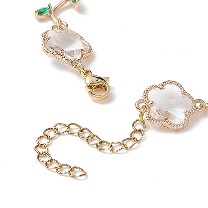 Glass Flower of Life Link Chain Bracelet with Cubic Zirconia, Brass Jewelry for Women