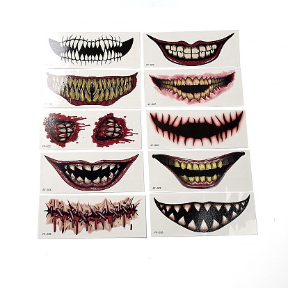 10Pcs 10 Style Halloween Clown Horror Mouth Removable Temporary Tattoos Paper Face Body Stickers, Rectangle