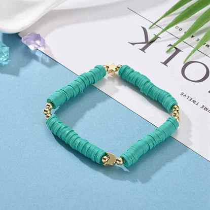 Bracelets élastiques faits à la main de perles heishi en pâte polymère, avec des perles en laiton plaqué or, lune et étoiles