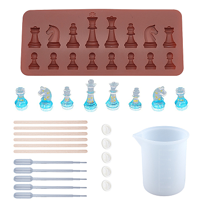 Kits de moldes de silicona de ajedrez sunnyclue, con 100 ml de taza medidora de herramientas de pegamento de silicona, pipetas de transferencia de plástico desechables y palitos de helado artesanales de madera de abedul