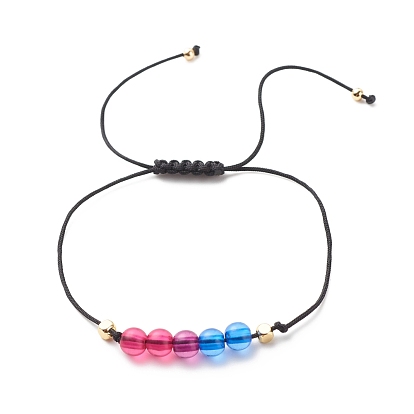 Acrylic & Brass Braided Bead Bracelet, Nylon Cord Adjustable Bracelet for Women