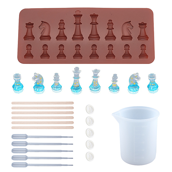 Kits de moldes de silicona de ajedrez sunnyclue, con 100 ml de taza medidora de herramientas de pegamento de silicona, pipetas de transferencia de plástico desechables y palitos de helado artesanales de madera de abedul