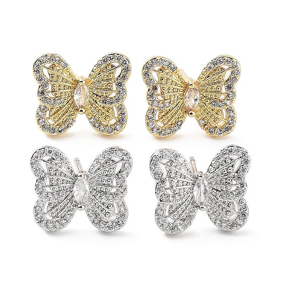 Butterfly Rack Plating Brass Micro Pave Clear Cubic Zirconia Stud Earrings for Women, Long-Lasting Plated, Lead Free & Cadmium Free