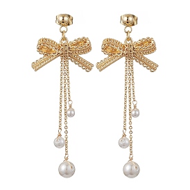 Brass Bowknot Dangle Stud Earrings, Shell Pearl Tassel Earrings