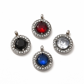 Vacuum Plating 304 Stainless Steel Cubic Zirconia Pendants, with Rhinestone, Flat Round Charms