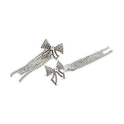 Crystal Rhinestone & Clear Cubic Zirconia Bowknot Tassel Dangle Stud Earrings, Brass Long Drop Earrings with 925 Sterling Silver Pins for Women