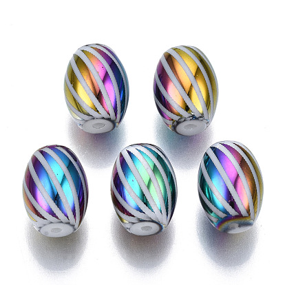 Electroplate Glass Beads, Barrel with Stripe Pattern