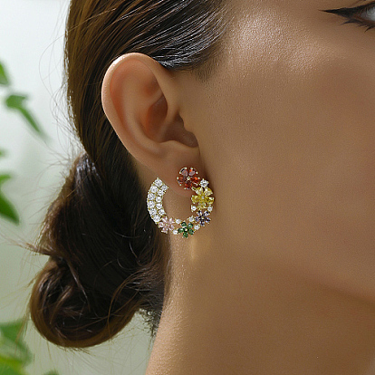 Boucles d'oreilles en laiton pavé de fleurs en zircone cubique pour femmes, réel 18 k plaqué or