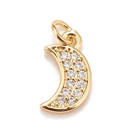 Brass Micro Pave Cubic Zirconia Charms, Real 18K Gold Plated, Lead Free & Cadmium Free, Moon