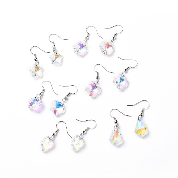6 Pairs 6 Style Colorful Rhinestone Flower & Cross & Leaf & Teardrop Dangle Earrings, Brass Jewelry for Women