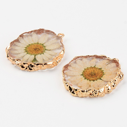  Pendentifs de résine, avec fleur séchée et bord boucle en fer plaqué or clair, plat rond