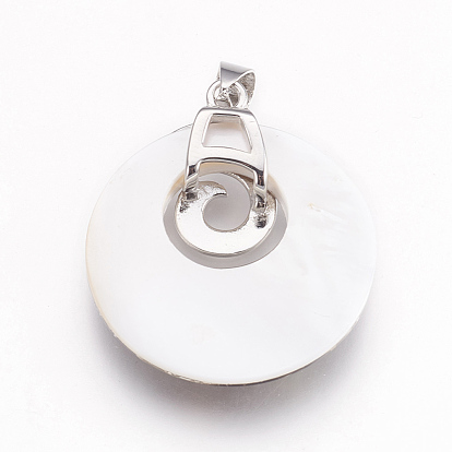 Shell Pendants, with Platinum Tone Brass Findings, Flat Round