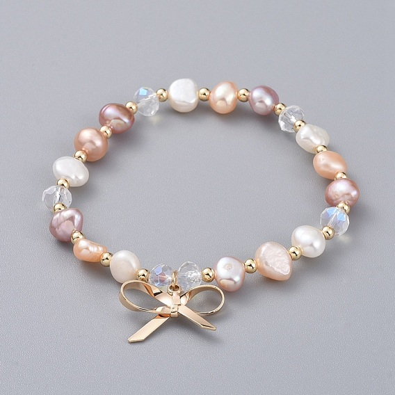 Charm Bracelets, with Natural Cultured Freshwater Pearl Beads, Glass Beads, Brass Round Spacer Beads and Brass Pendants, Bowknot, with Burlap Bags