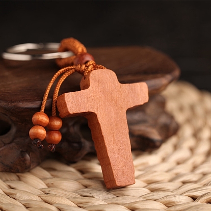Porte-clés pendentif en bois, avec des anneaux de fer, crucifix croix