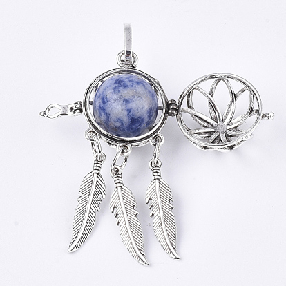 Alloy Cage Big Pendants, Hollow Round, with Synthetic Mixed Stone Round Beads, Antique Silver, Woven Net/Web with Feather