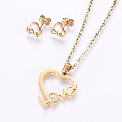 304 Stainless Steel Jewelry Sets, Stud Earrings and Pendant Necklaces, Heart with Word Love, For Valentine's Day