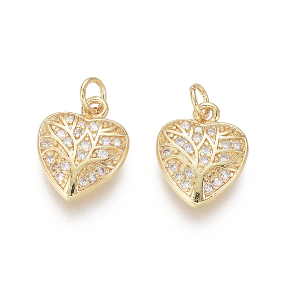 Breloques en laiton plaqué or, avec zircone cubique et anneaux de saut, coeur avec l'arbre de la vie