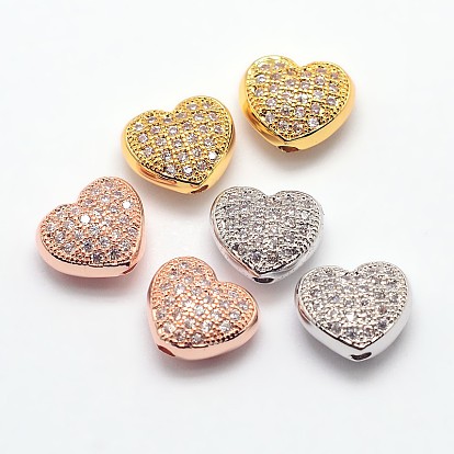 Brass Micro Pave Cubic Zirconia Hollow Beads, Cadmium Free & Nickel Free & Lead Free, Heart, 8x9x5mm, Hole: 1mm