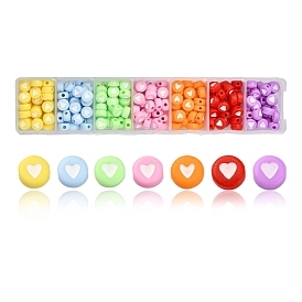 245Pcs 7 Colors Opaque Acrylic Beads, Flat Round with Heart
